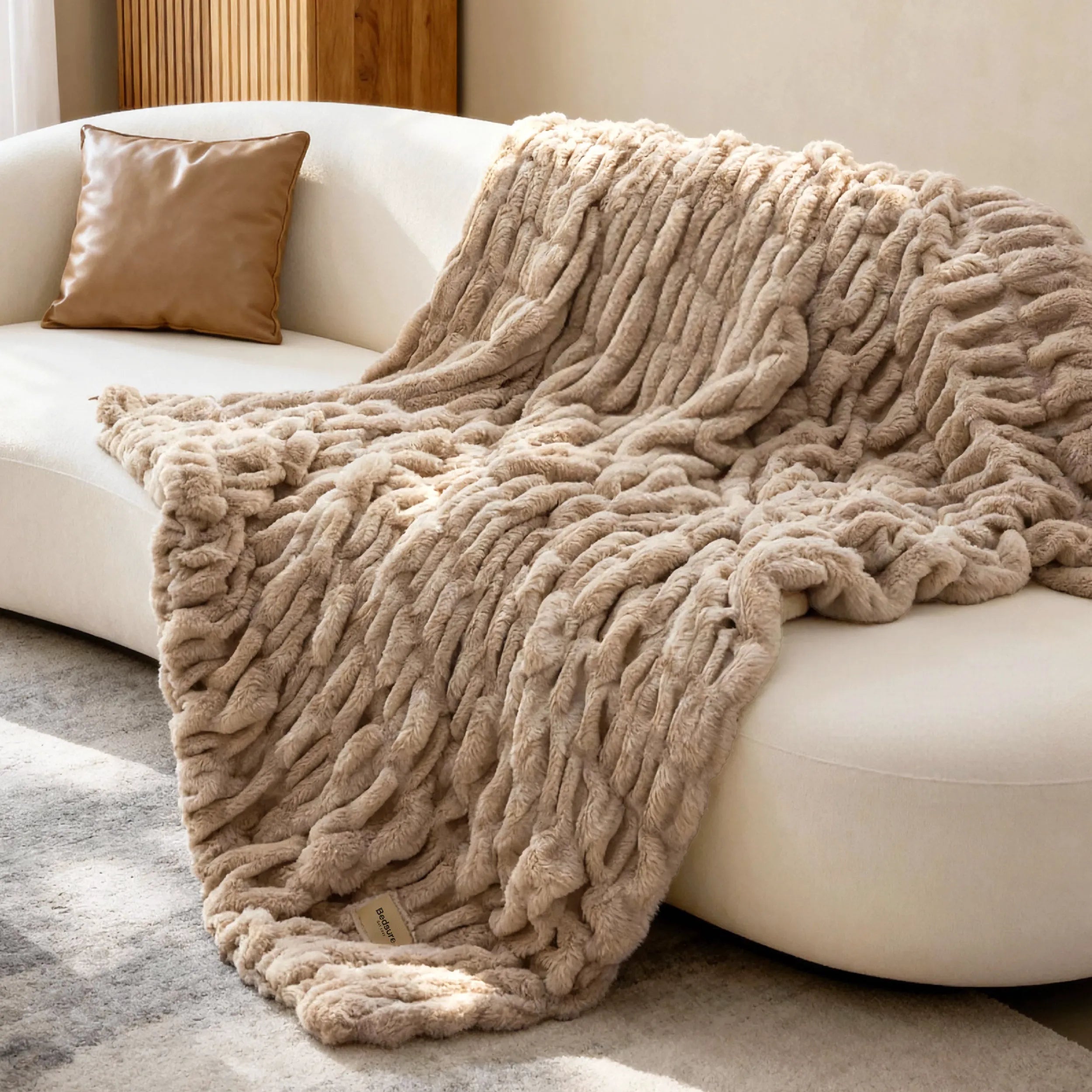 Double-Sided Faux Fur Ruched Throw Blanket
