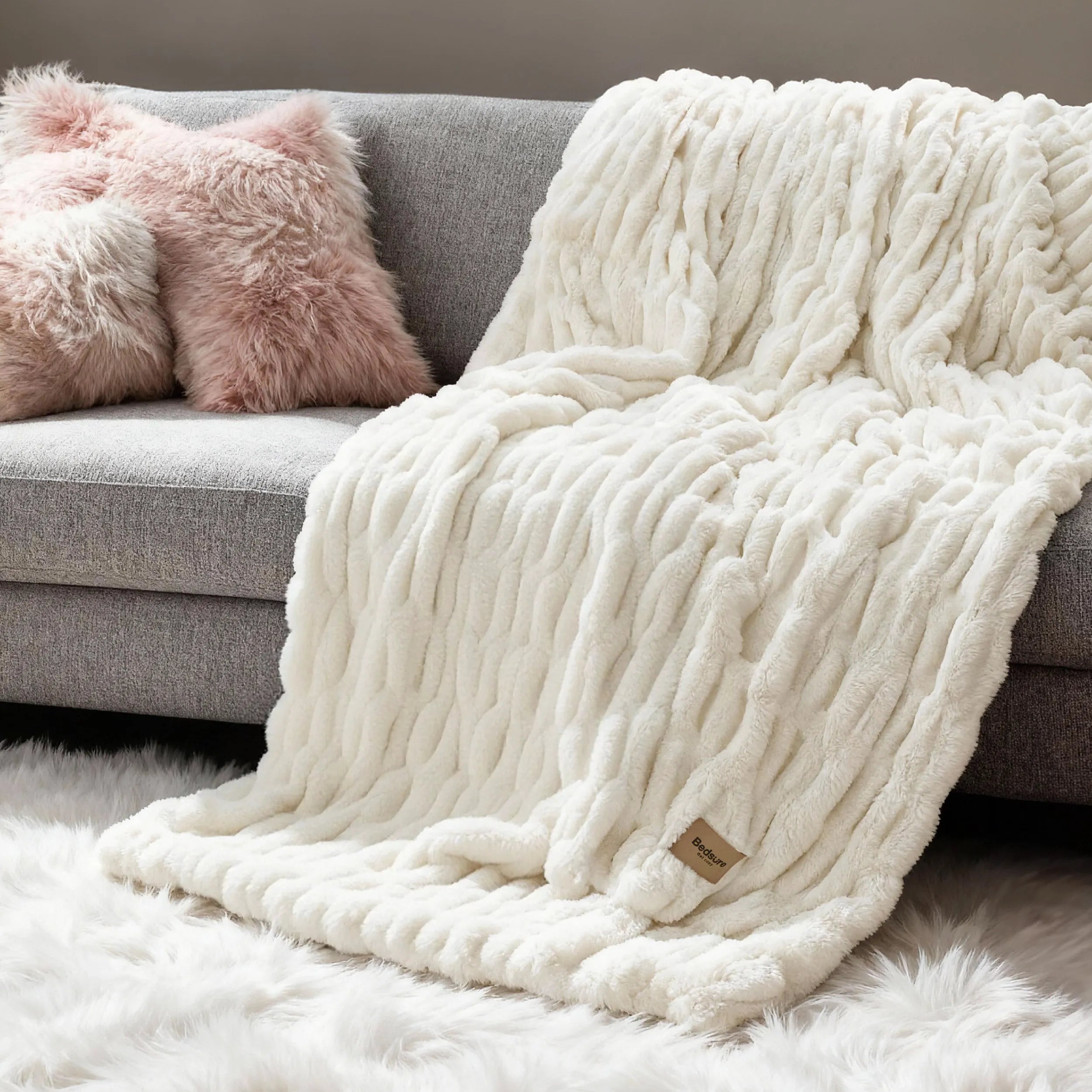 Double-Sided Faux Fur Ruched Throw Blanket
