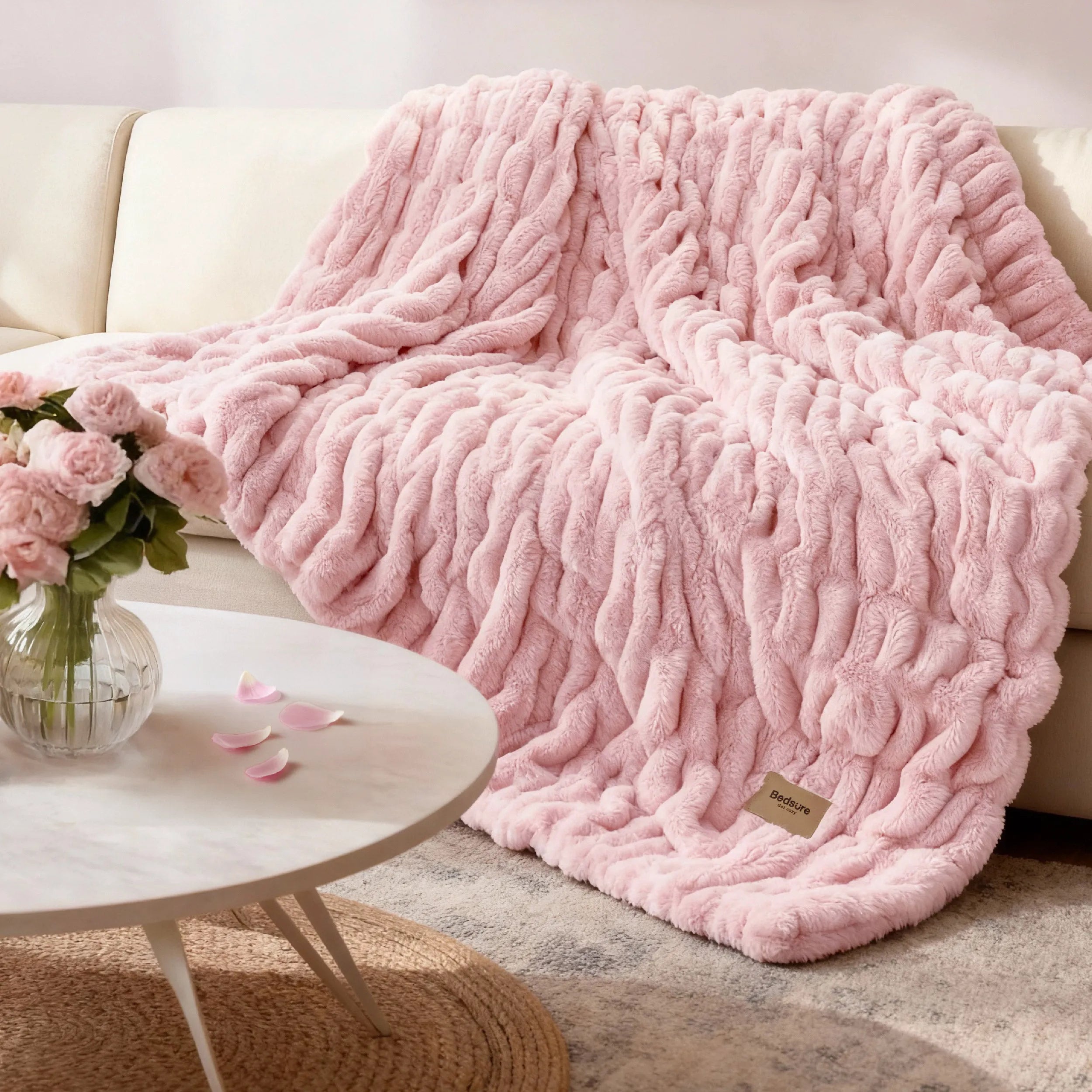 Double-Sided Faux Fur Ruched Throw Blanket