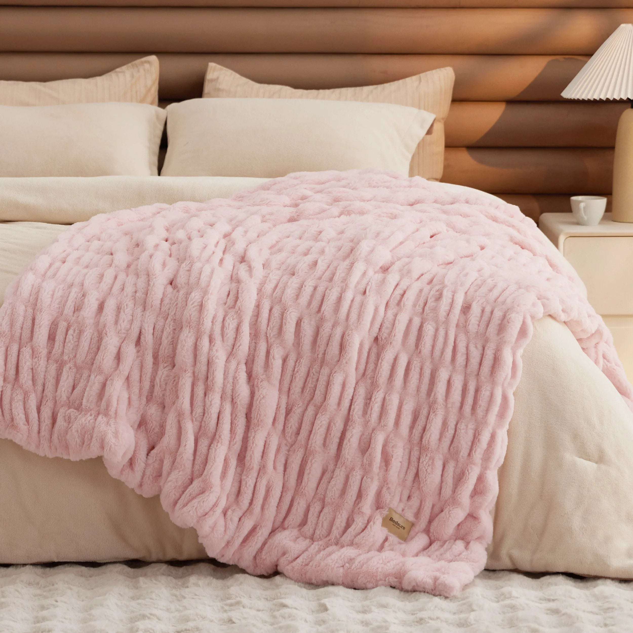 Double-Sided Faux Fur Ruched Throw Blanket