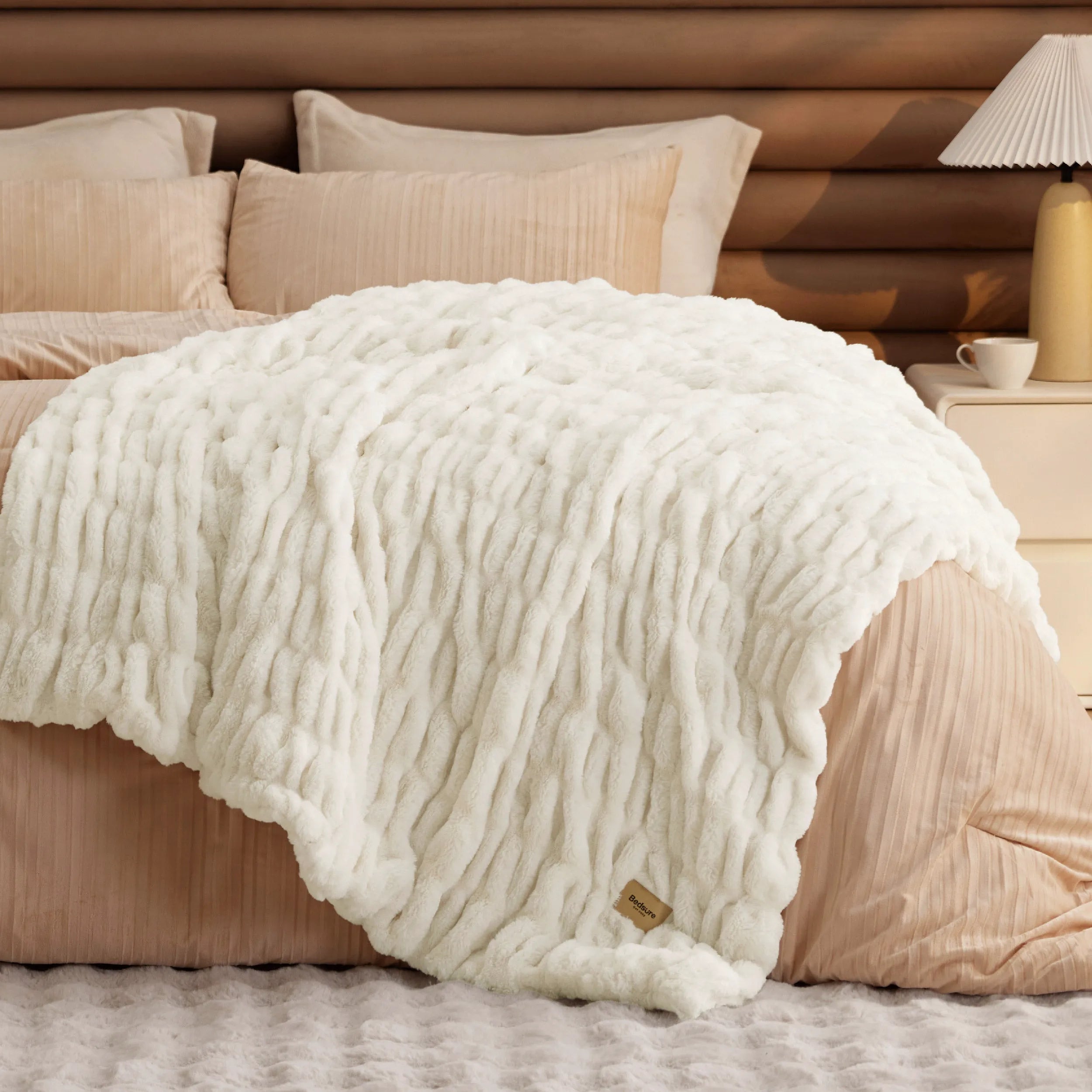 Double-Sided Faux Fur Ruched Throw Blanket