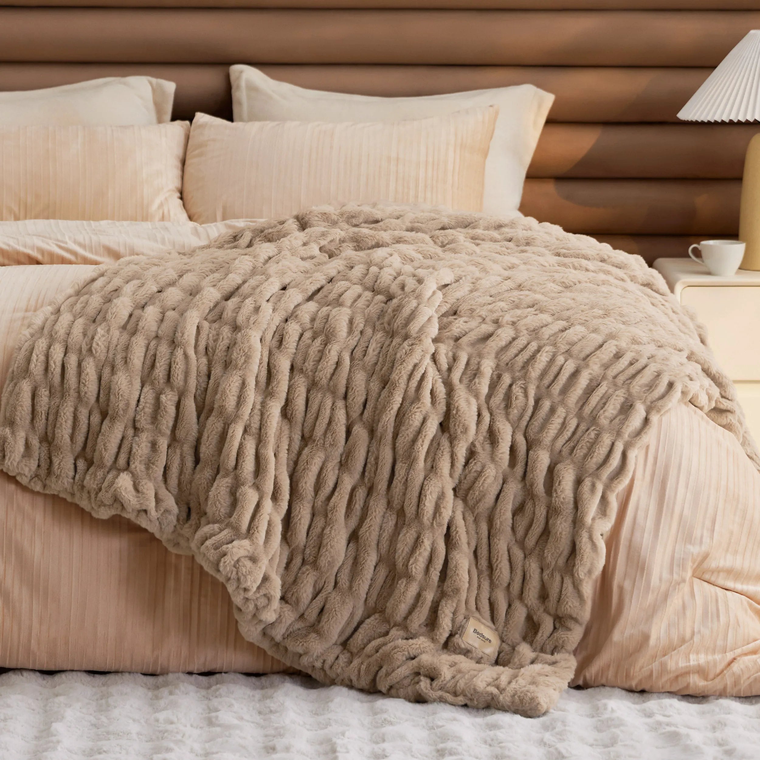 Double-Sided Faux Fur Ruched Throw Blanket