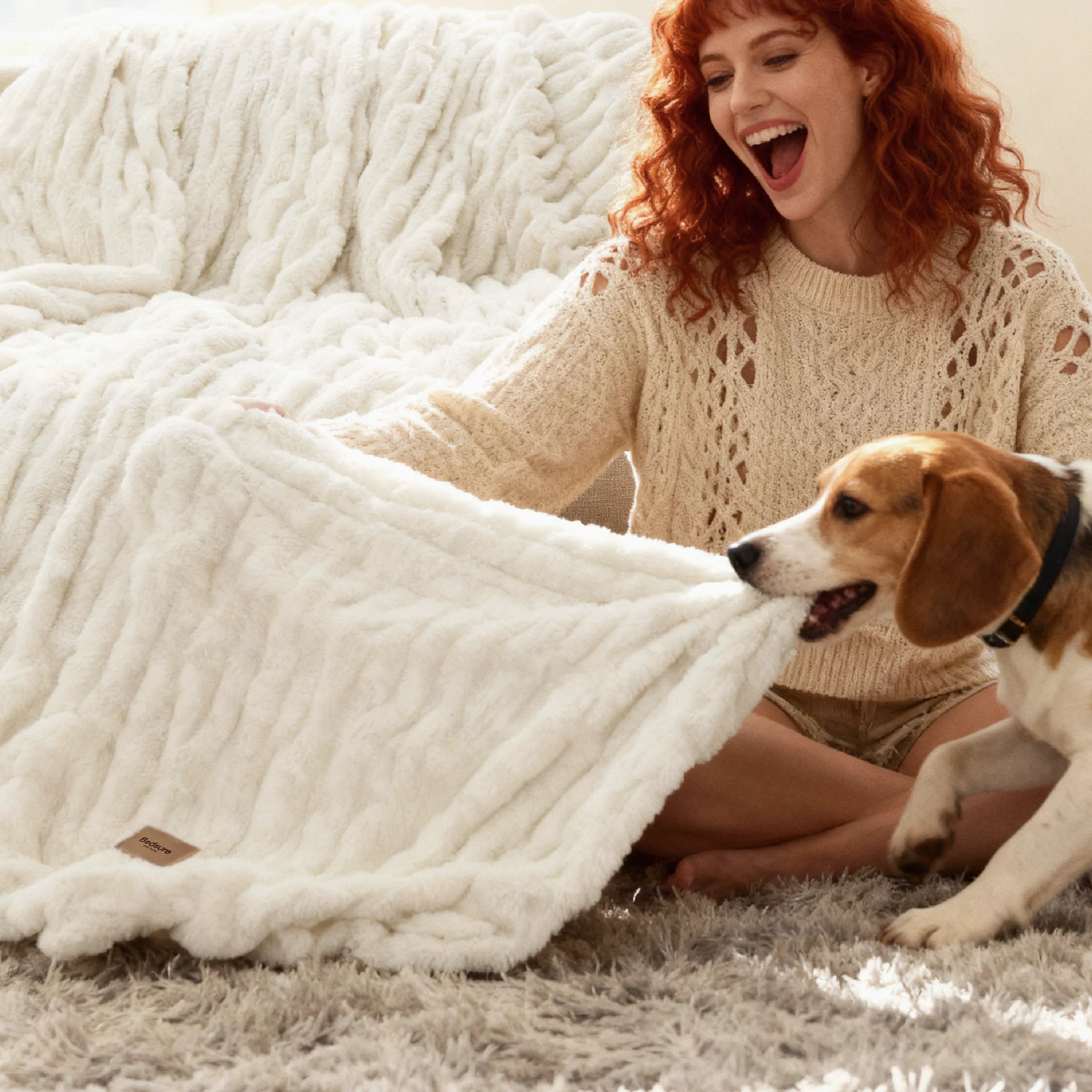 Double-Sided Faux Fur Ruched Throw Blanket