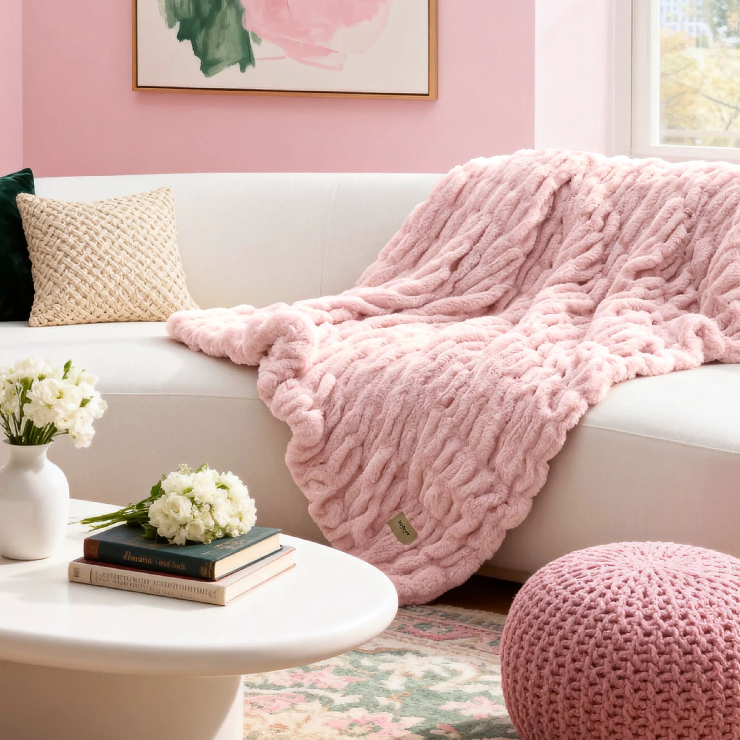 Double-Sided Faux Fur Ruched Throw Blanket