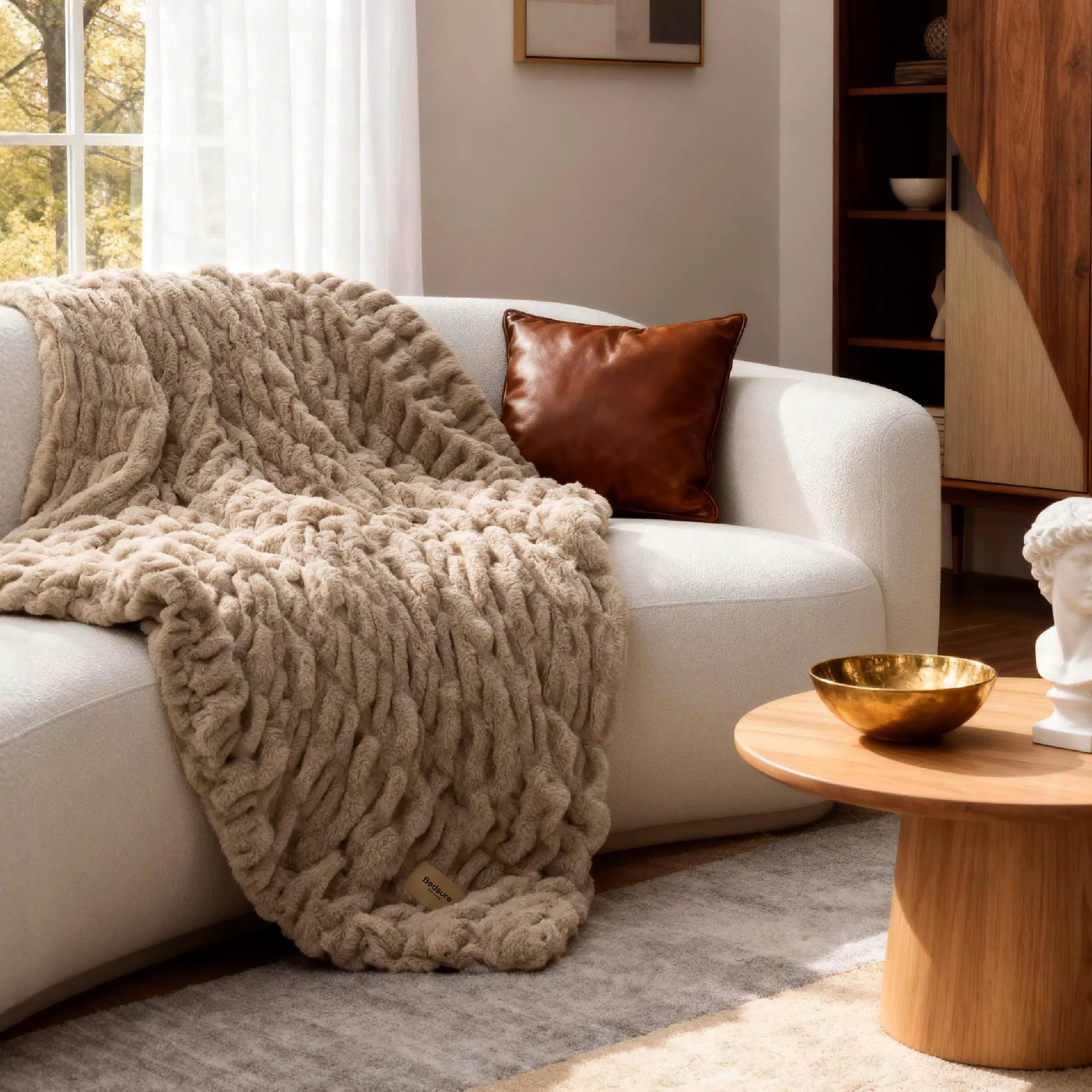 Double-Sided Faux Fur Ruched Throw Blanket